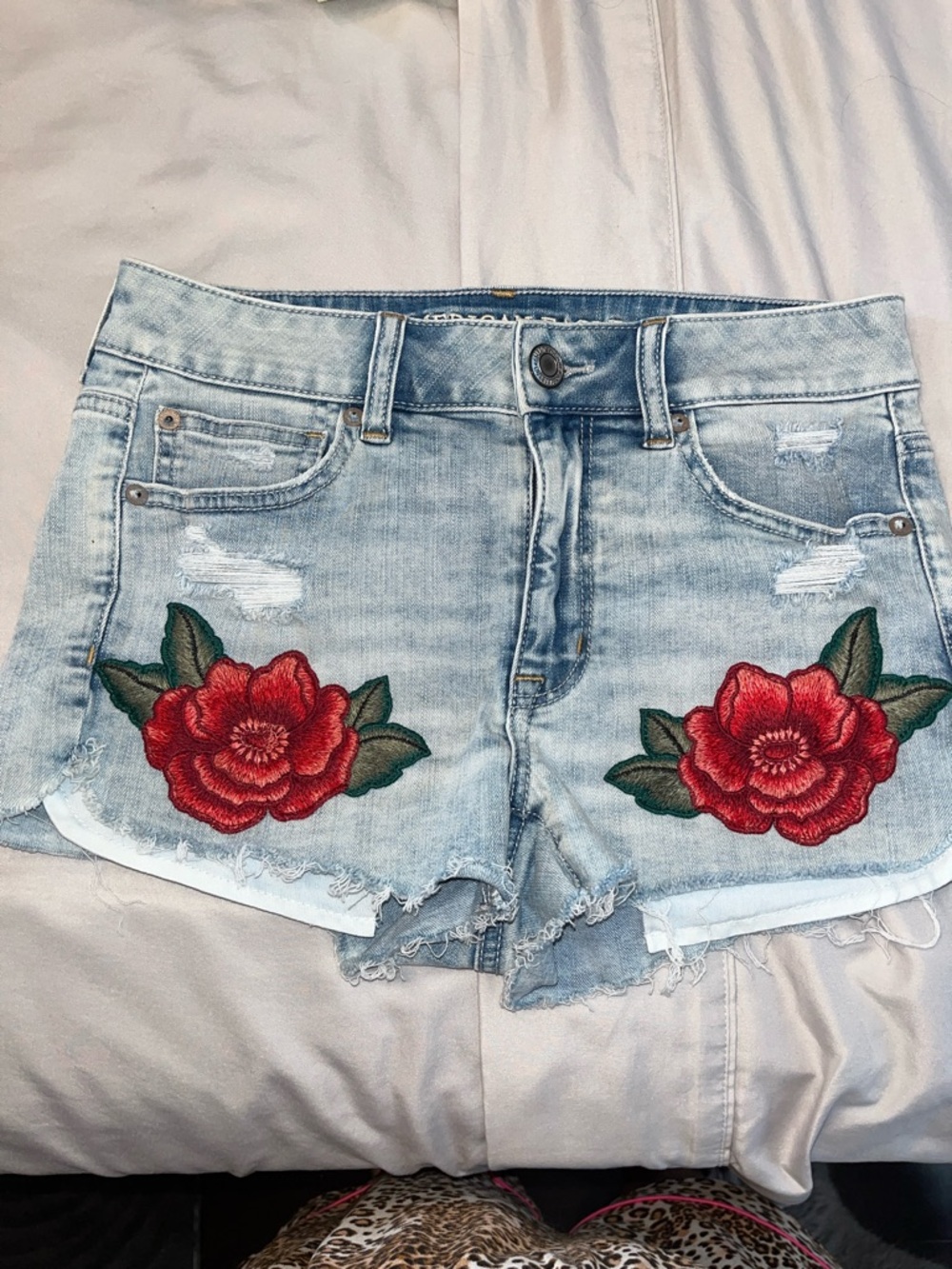 American Eagle Outfitters Light Wash Denim Shorts with Red Rose Embroidery